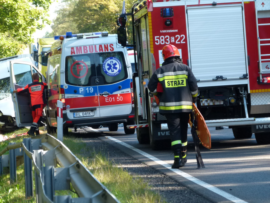 Czołowe zderzenie busa z osobówką w Bratoszewicach. 8 osób rannych