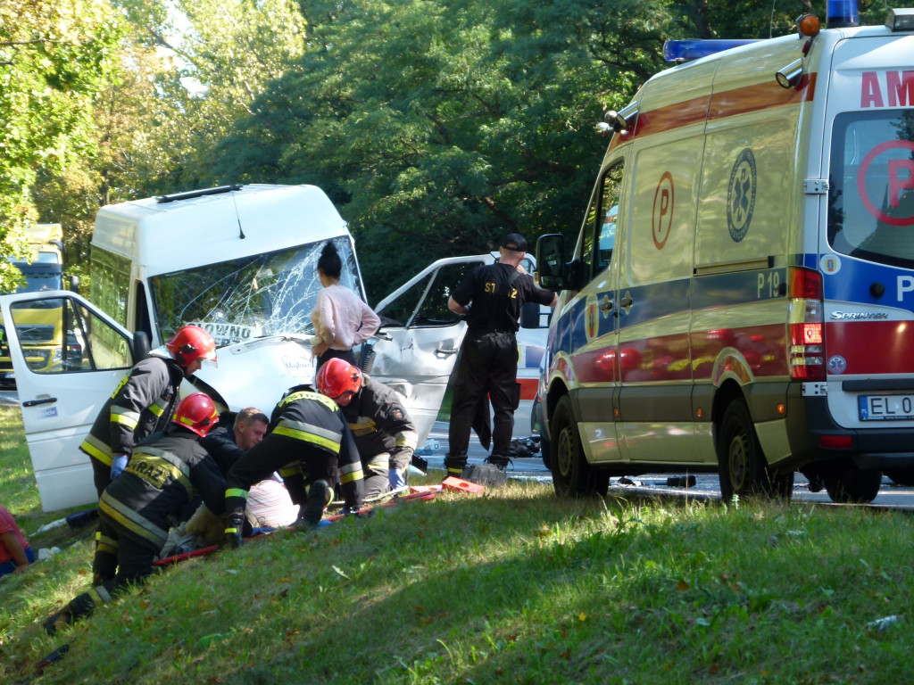 Czołowe zderzenie busa z osobówką w Bratoszewicach. 8 osób rannych