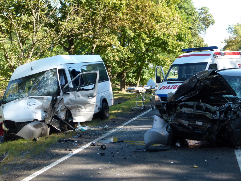 Czołowe zderzenie busa z osobówką w Bratoszewicach. 8 osób rannych