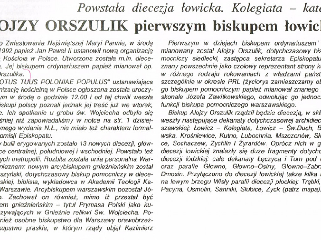 Co Nowy Łowiczanin pisał przed laty o biskupie Alojzym Orszuliku i powstającej diecezji