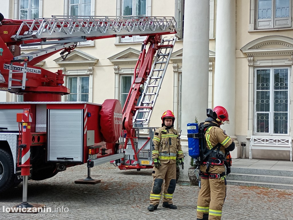 Ćwiczenia gaśnicze strażaków w pałacu w Walewicach