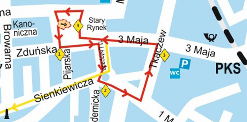 Boże Ciało 2017 - trasa procesji z oznaczonymi ołtarzami. Fot. UM Łowicz