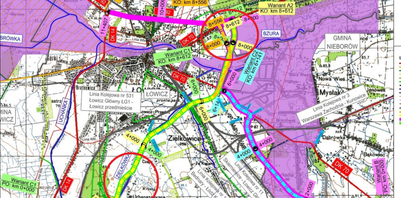 Łowicz. Obwodnica Łowicza - mapa z naniesionymi poprawkami.