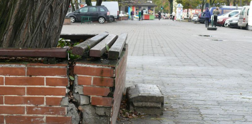 Łowicz. Zniszczone rabaty przy ul. Starzyńskiego.