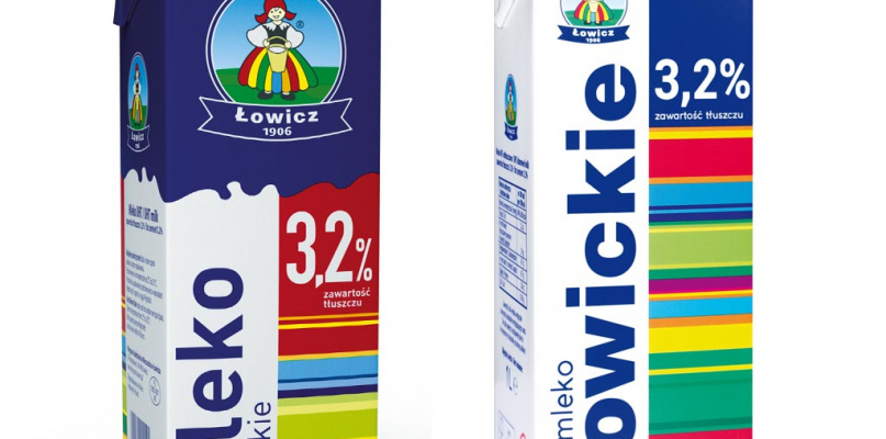Z lewej strony nowe opakowanie łowickiego mleka
