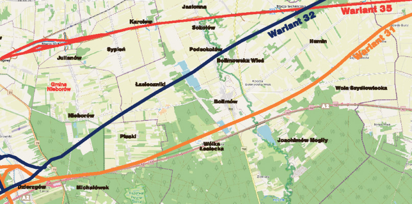 Fragment mapy z trzema wariantami przebiegu Kolei Dużych Prędkości