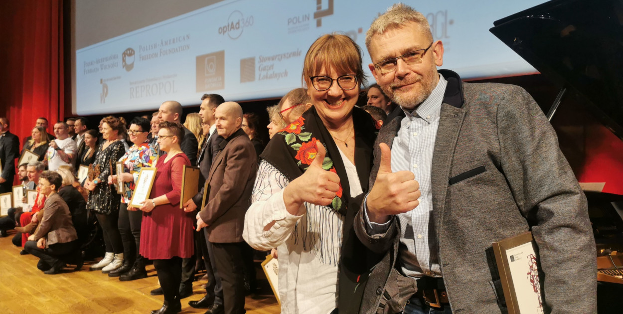 Mirosława Wolska-Kobierecka i Tomasz Bartos po gali w muzeum Polin