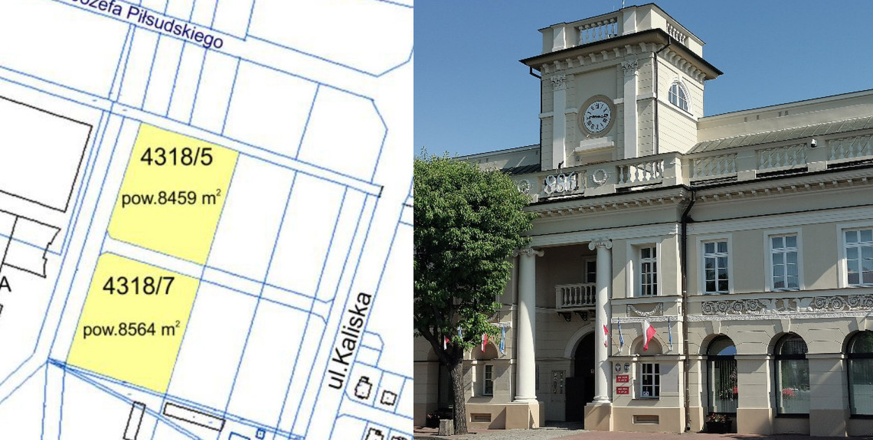 Zdjęcie zastępcze: mapa przedstawiająca lokalizację działek przeznaczonych na sprzedaż oraz budynek ratusza na Starym Rynku w Łowiczu. fot. tb/NŁ