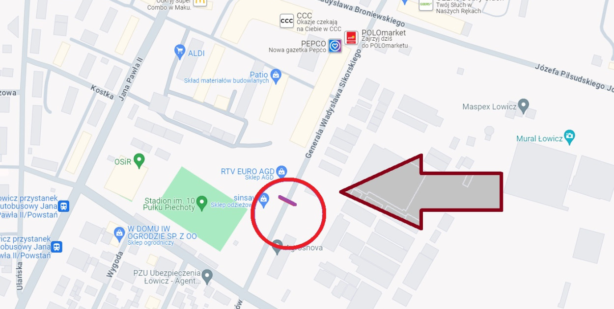 Mapa z zaznaczonym miejscem prowadzonych prac.. fot. Google Maps