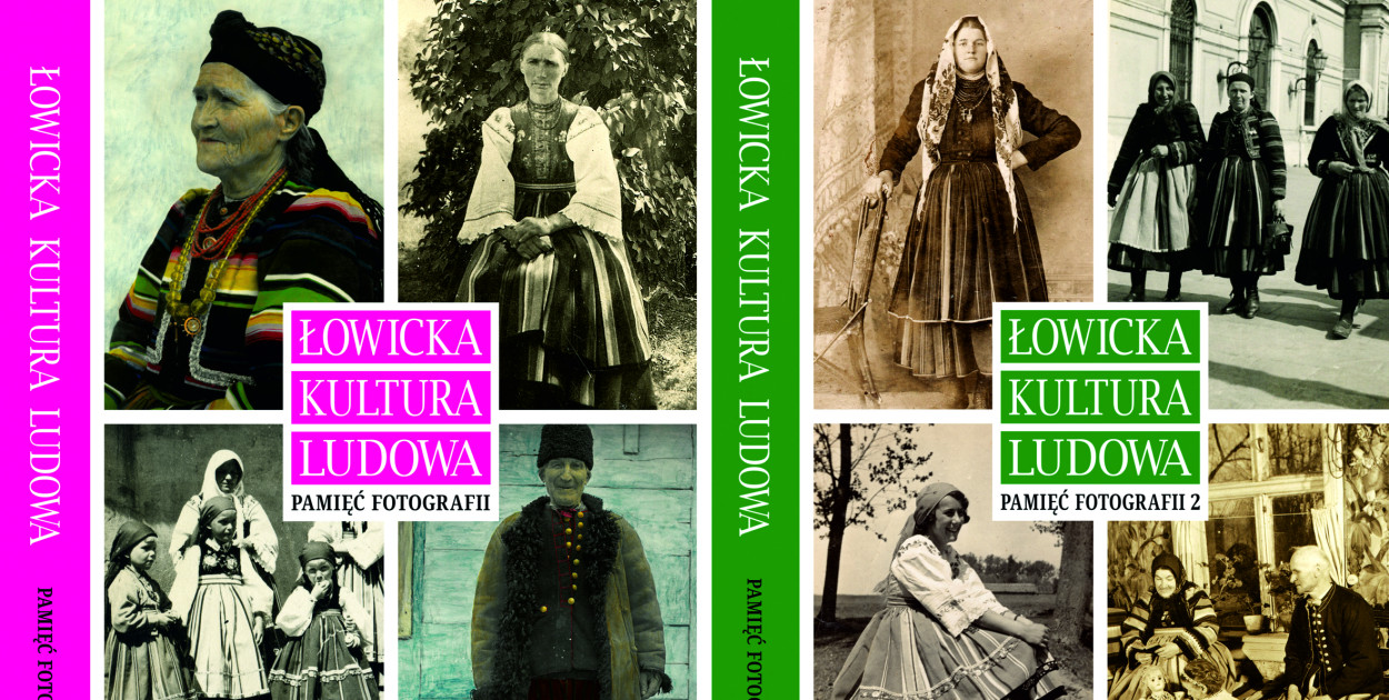 Zestawienie okładek I i II części albumu „Łowicka Kultura Ludowa. Pamięć Fotografii”. 