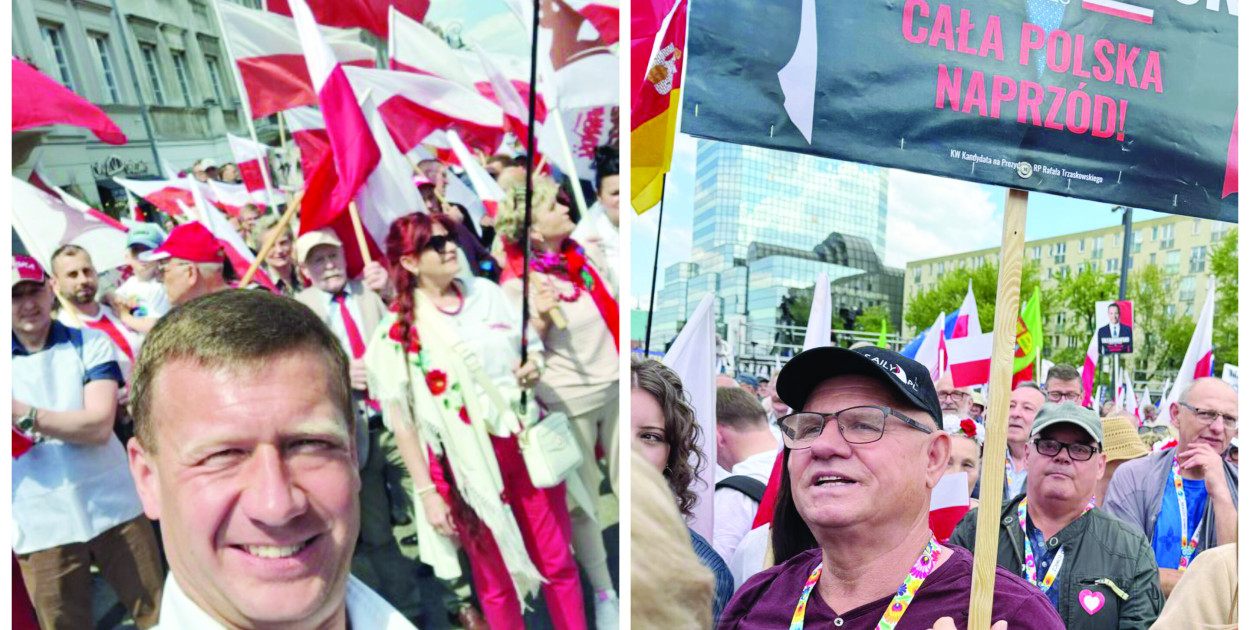 Z lewej: na marszu poparcia dla Karola Nawrockiego Michał Trzoska, z prawej na marszu dla Rafała Trzaskowskiego aktywista PO Mirosław Iwański, znany z wystąpień przeciwko prezydentowi Andrzejowi Dudzie.