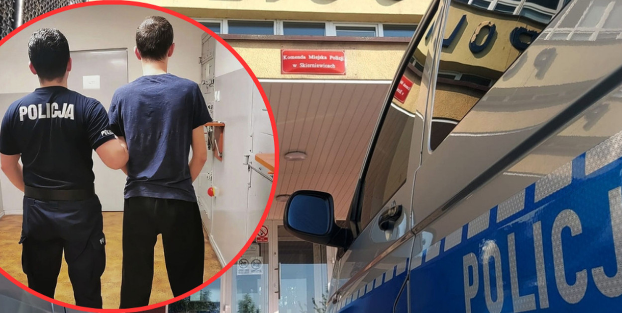 Zatrzymany mężczyzna w czasie doprowadzenie do MKP w Skierniewicach. fot. Policja Skierniewice